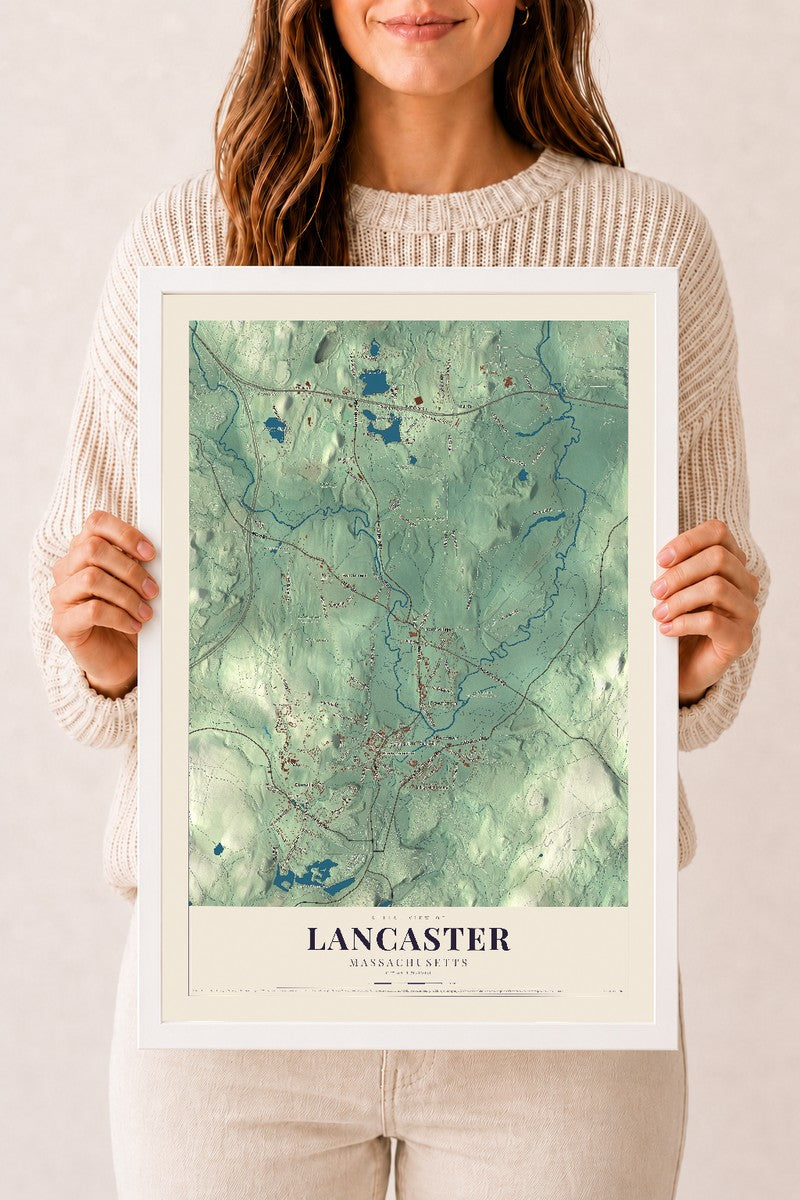 Lancaster, Massachusetts map print - 12 x 18 white Ayous wood frame