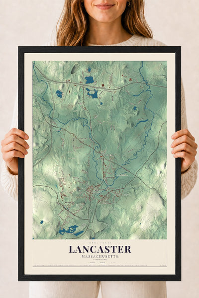 Lancaster, Massachusetts map print - 18 x 24 black Ayous wood frame