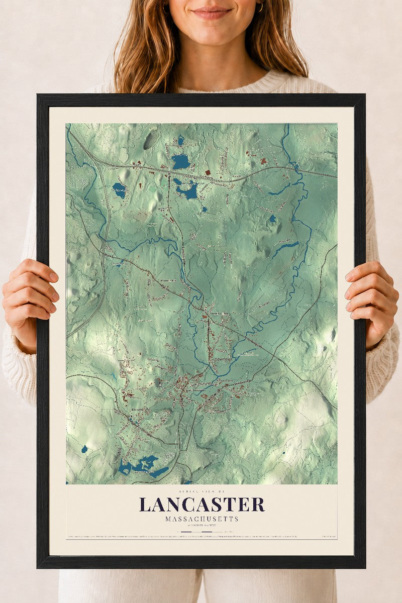 Lancaster, Massachusetts map print - 18 x 24 black Ayous wood frame