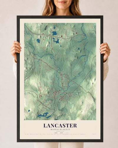 Lancaster, Massachusetts map print - 24 x 36 black Ayous wood frame