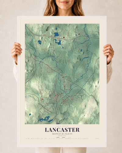 Lancaster, Massachusetts map print - 24 x 36 white Ayous wood frame