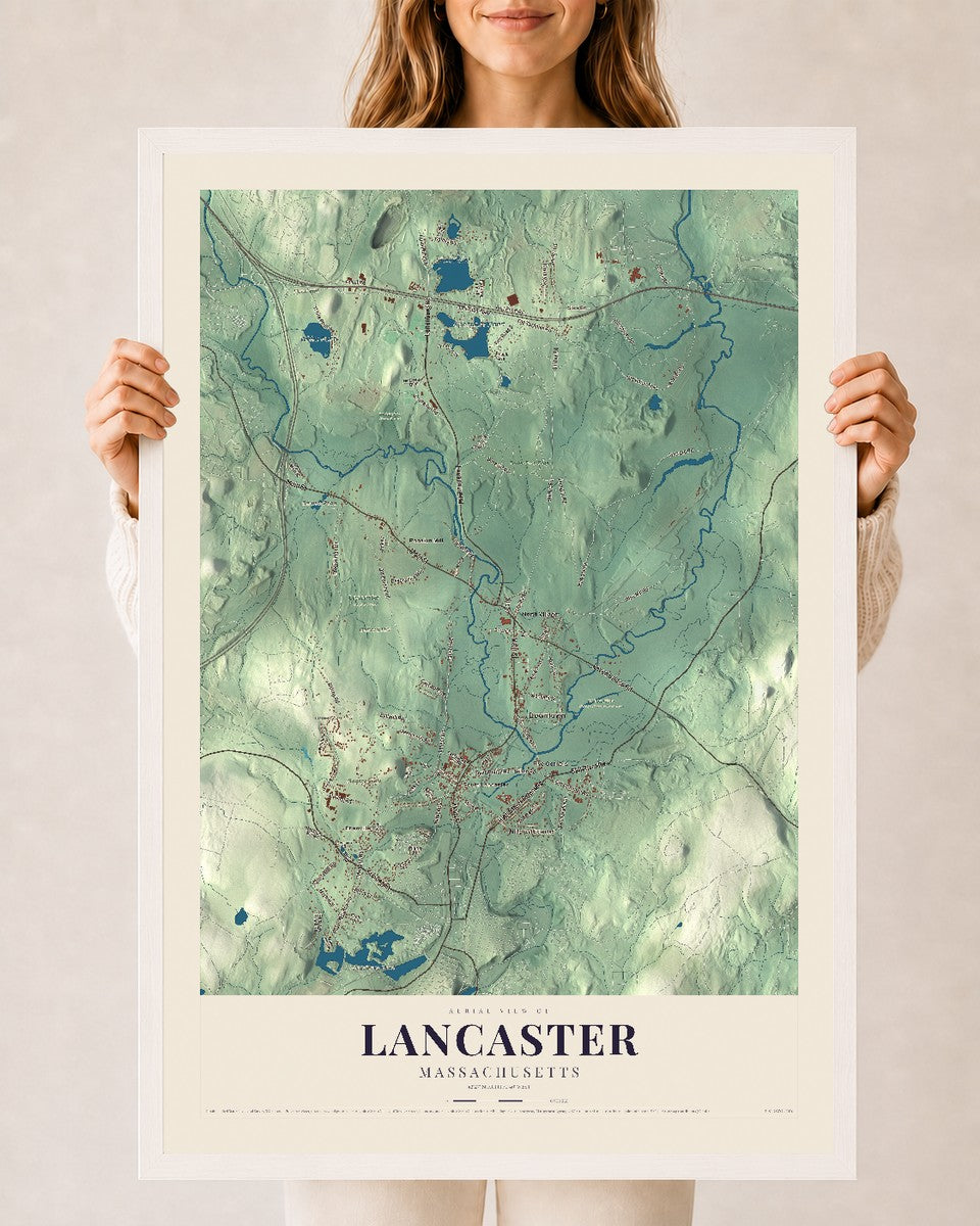 Lancaster, Massachusetts map print - 24 x 36 white Ayous wood frame