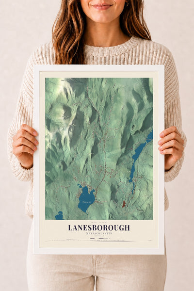 Lanesborough, Massachusetts map print - 12 x 18 white Ayous wood frame
