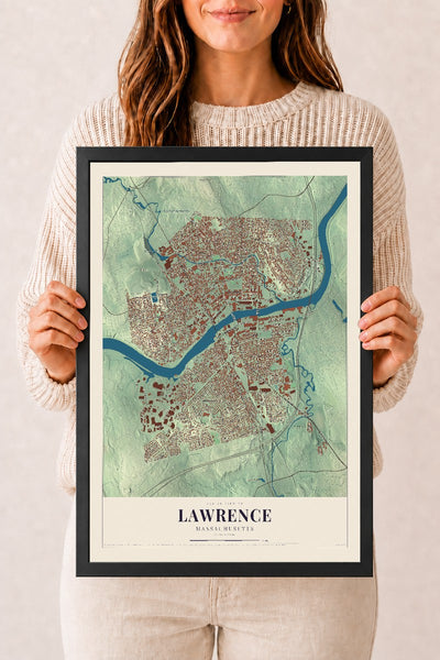 Lawrence, Massachusetts map print - 12 x 18 black Ayous wood frame