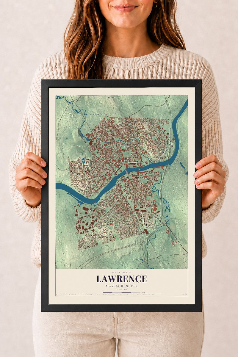 Lawrence, Massachusetts map print - 12 x 18 black Ayous wood frame