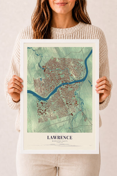 Lawrence, Massachusetts map print - 12 x 18 white Ayous wood frame
