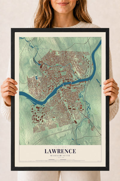Lawrence, Massachusetts map print - 18 x 24 black Ayous wood frame