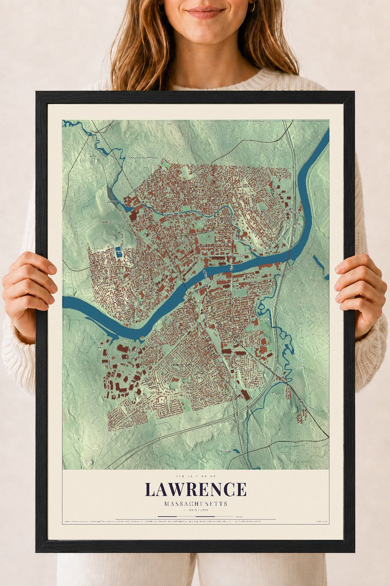 Lawrence, Massachusetts map print - 18 x 24 black Ayous wood frame