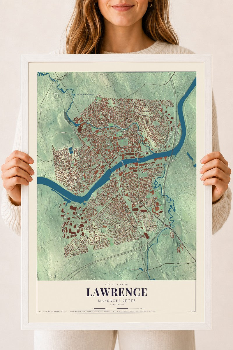 Lawrence, Massachusetts map print - 18 x 24 white Ayous wood frame