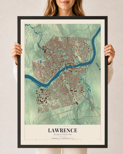 Lawrence, Massachusetts map print - 24 x 36 black Ayous wood frame