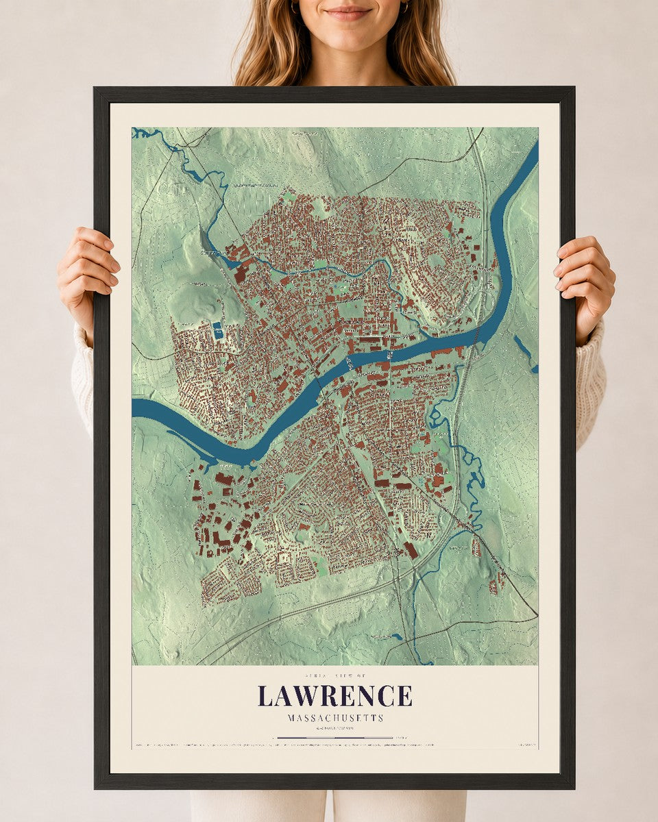 Lawrence, Massachusetts map print - 24 x 36 black Ayous wood frame