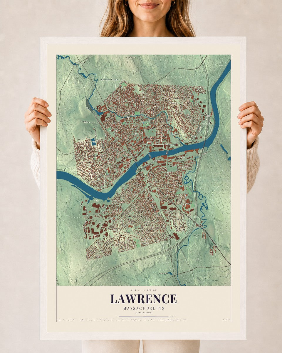 Lawrence, Massachusetts map print - 24 x 36 white Ayous wood frame
