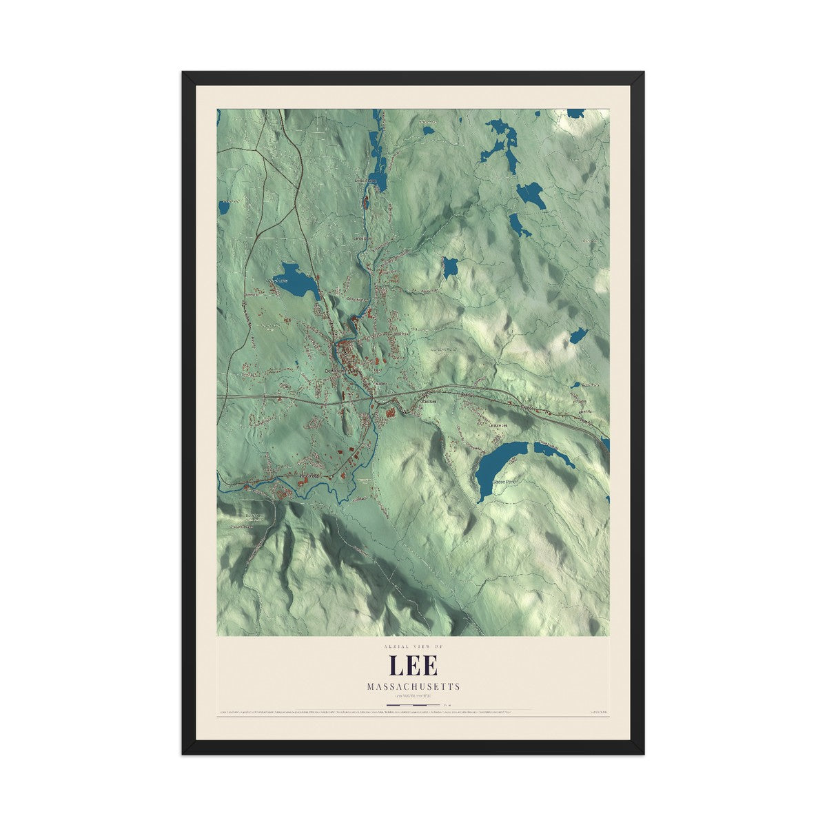 Map of Lee, Massachusetts, 12 x 18 inch print in a black wood frame