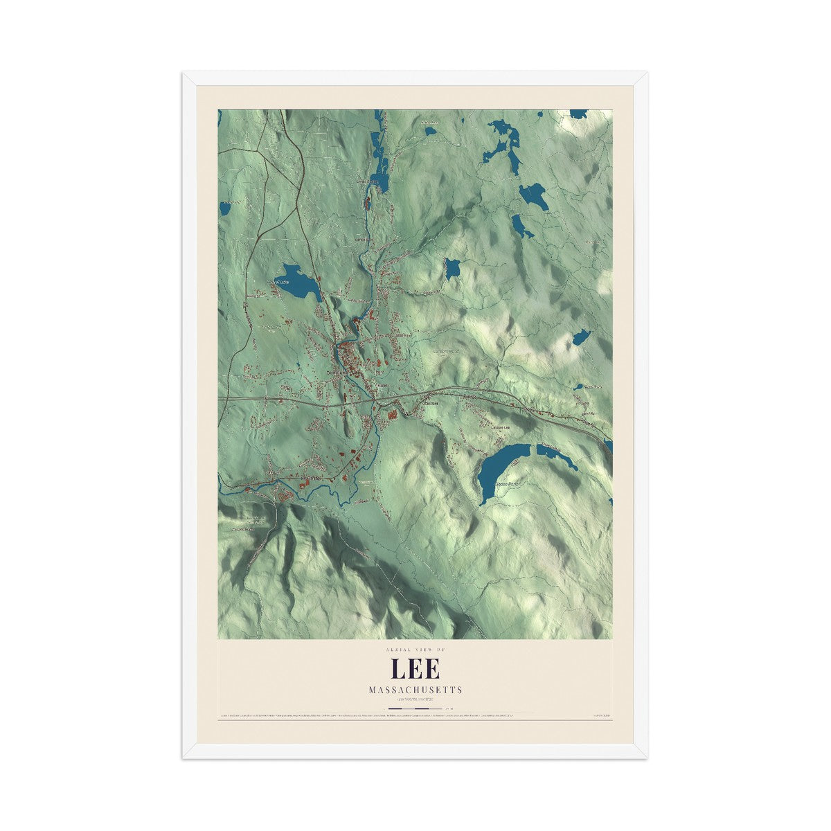 Map of Lee, Massachusetts, 12 x 18 inch print in a white wood frame