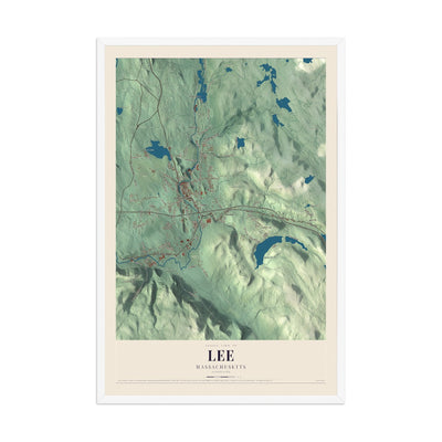 Map of Lee, Massachusetts, 12 x 18 inch print in a white wood frame