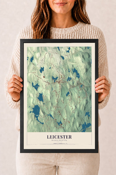 Leicester, Massachusetts map print - 12 x 18 black Ayous wood frame