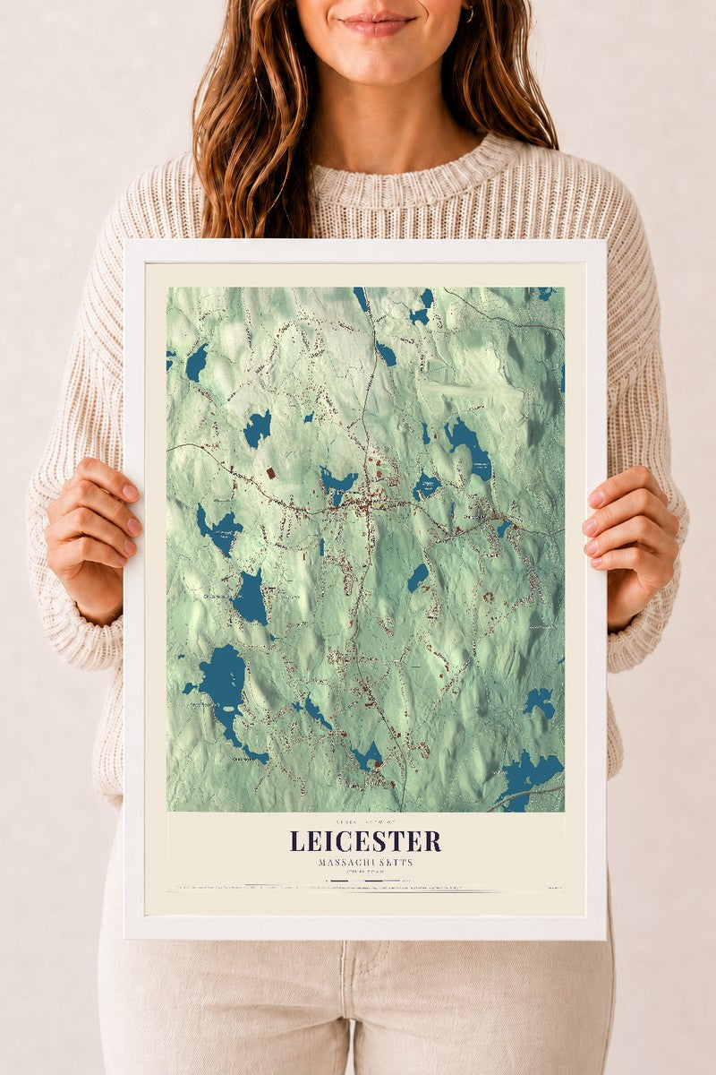 Leicester, Massachusetts map print - 12 x 18 white Ayous wood frame
