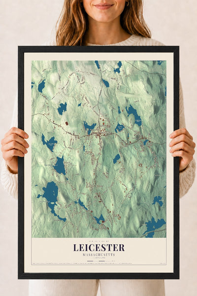Leicester, Massachusetts map print - 18 x 24 black Ayous wood frame