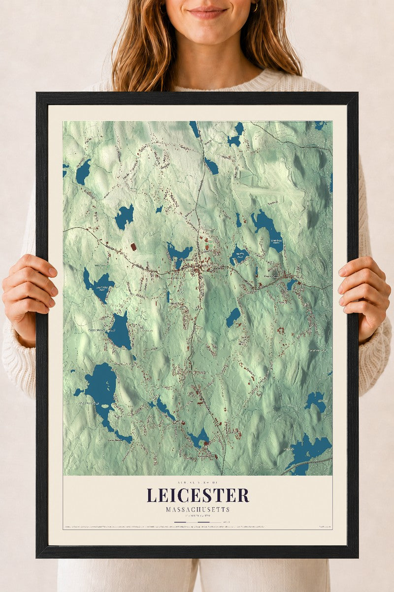 Leicester, Massachusetts map print - 18 x 24 black Ayous wood frame