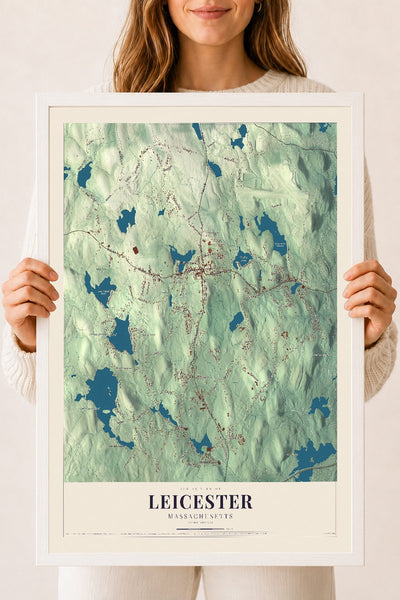 Leicester, Massachusetts map print - 18 x 24 white Ayous wood frame
