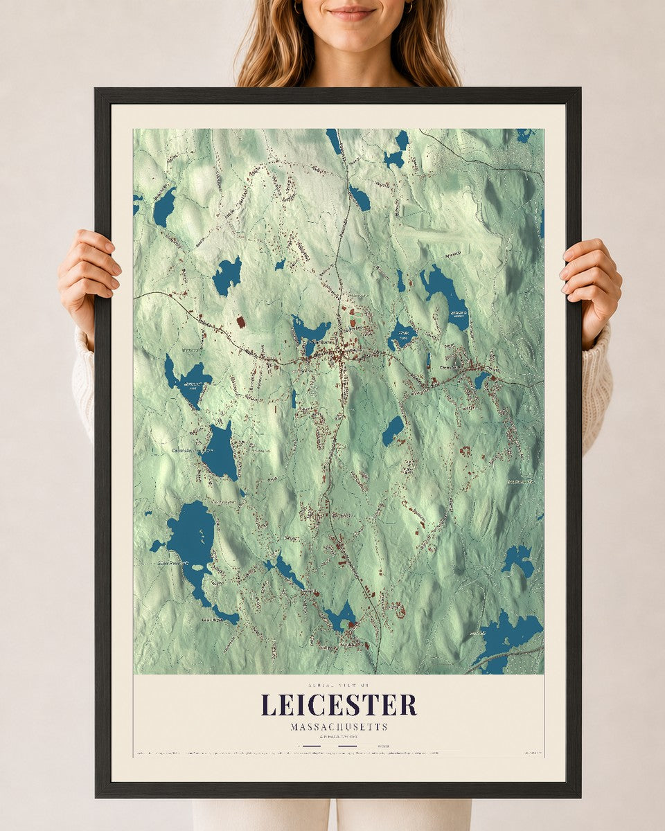 Leicester, Massachusetts map print - 24 x 36 black Ayous wood frame