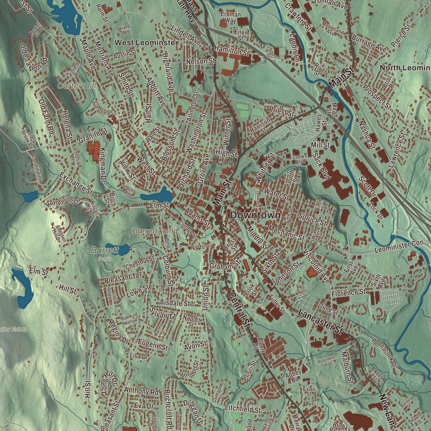 Street and neighborhood detail from the Leominster, Massachusetts map
