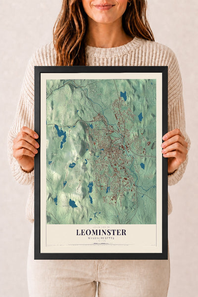 Leominster, Massachusetts map print - 12 x 18 black Ayous wood frame