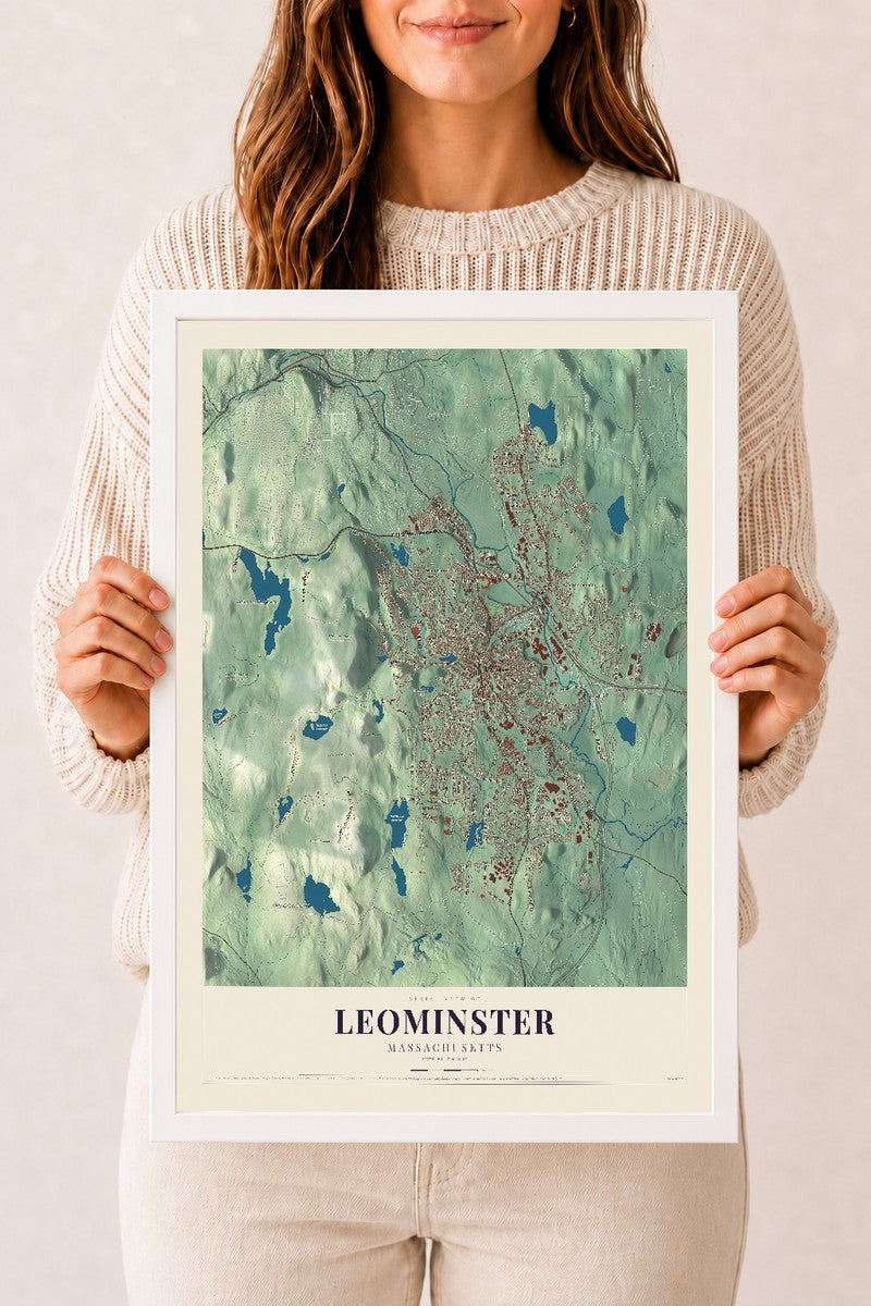 Leominster, Massachusetts map print - 12 x 18 white Ayous wood frame