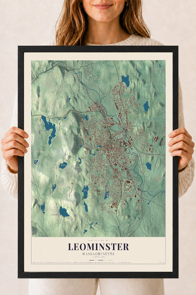Leominster, Massachusetts map print - 18 x 24 black Ayous wood frame