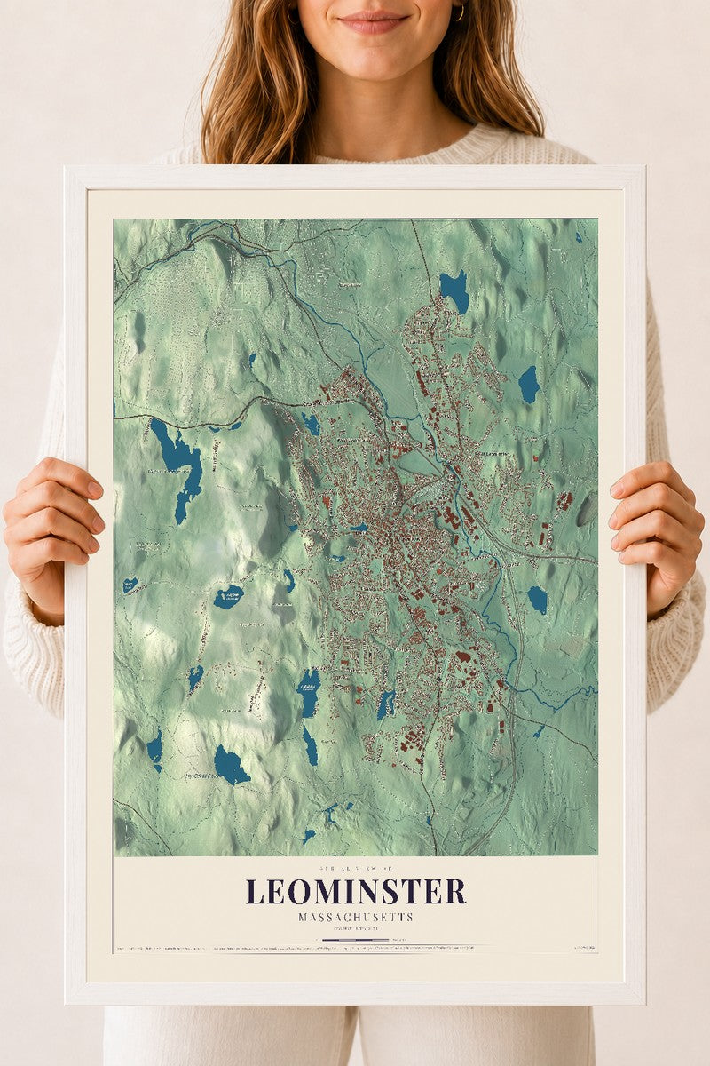 Leominster, Massachusetts map print - 18 x 24 white Ayous wood frame