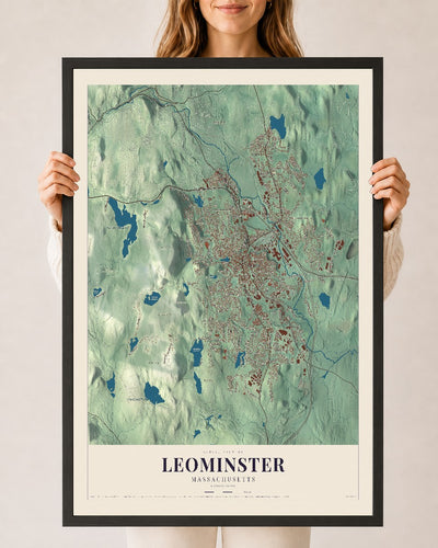 Leominster, Massachusetts map print - 24 x 36 black Ayous wood frame
