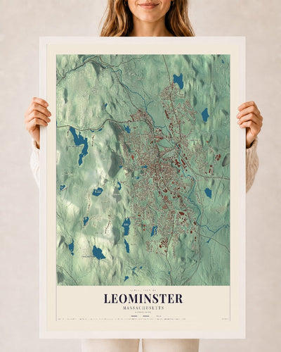 Leominster, Massachusetts map print - 24 x 36 white Ayous wood frame