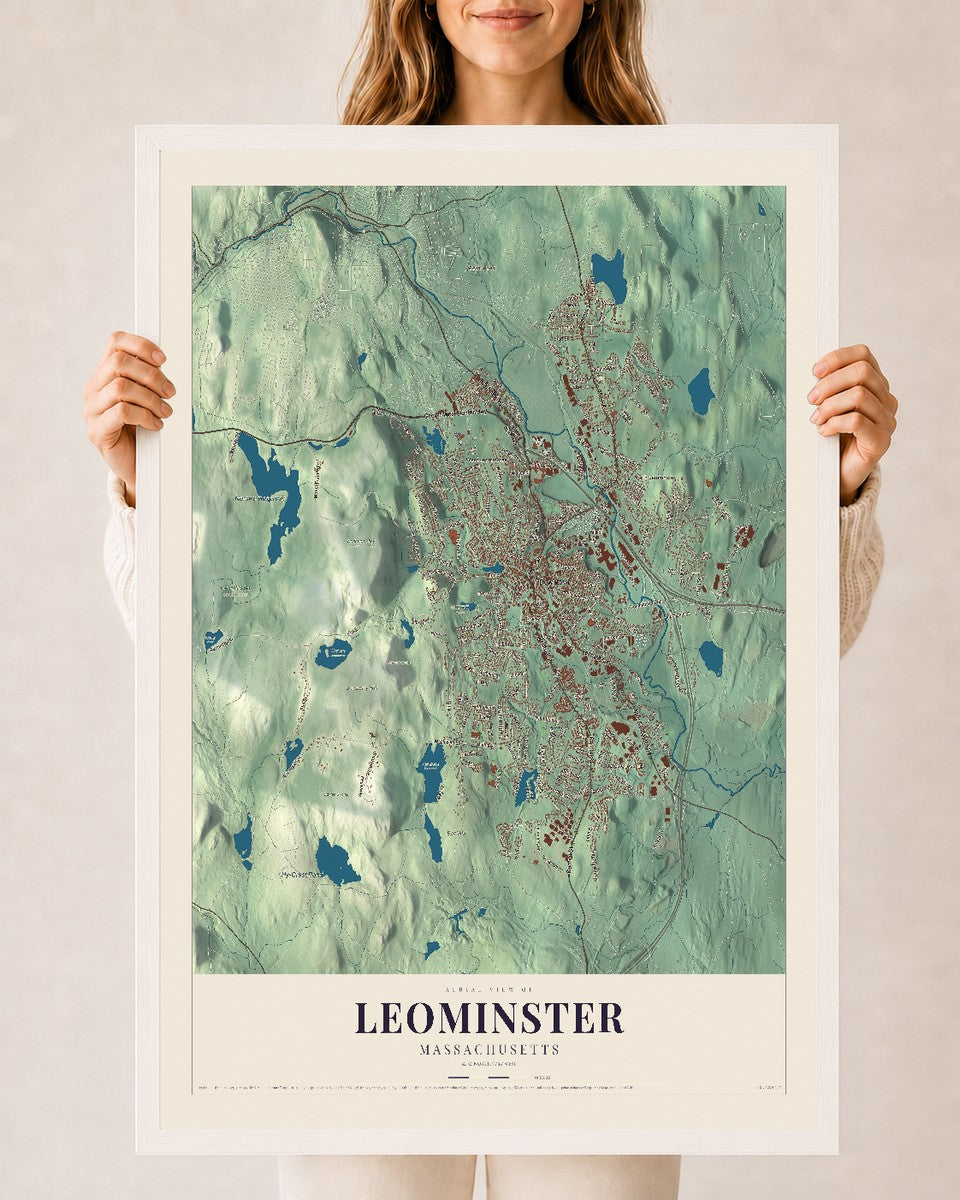 Leominster, Massachusetts map print - 24 x 36 white Ayous wood frame