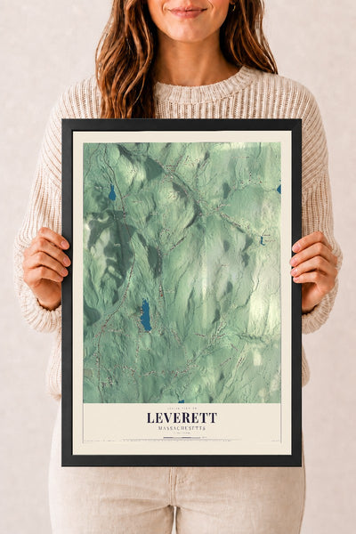 Leverett, Massachusetts map print - 12 x 18 black Ayous wood frame
