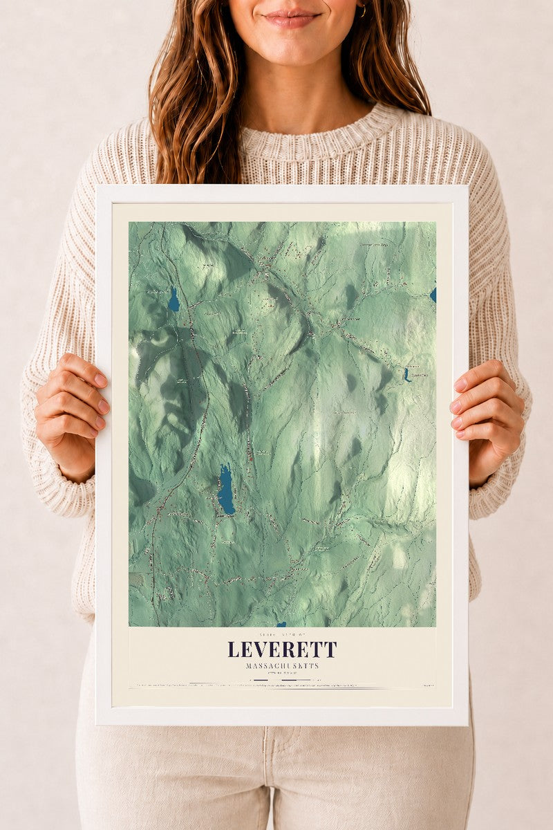 Leverett, Massachusetts map print - 12 x 18 white Ayous wood frame