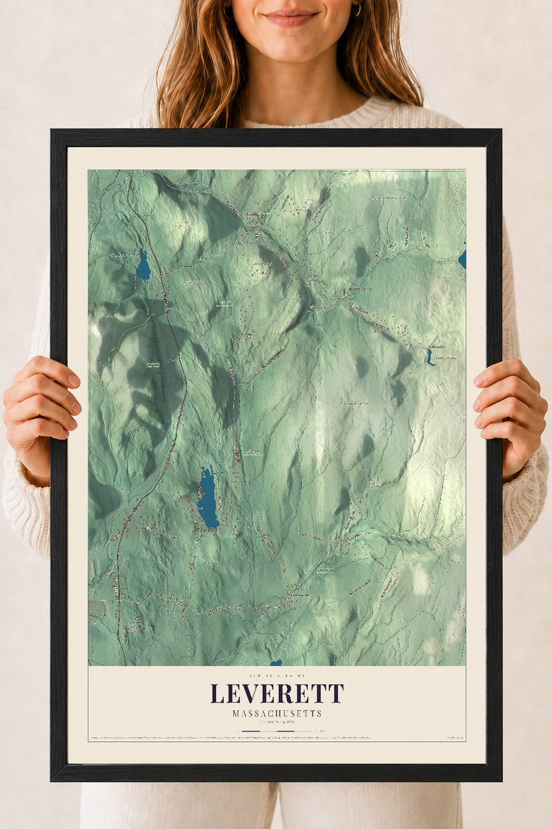 Leverett, Massachusetts map print - 18 x 24 black Ayous wood frame