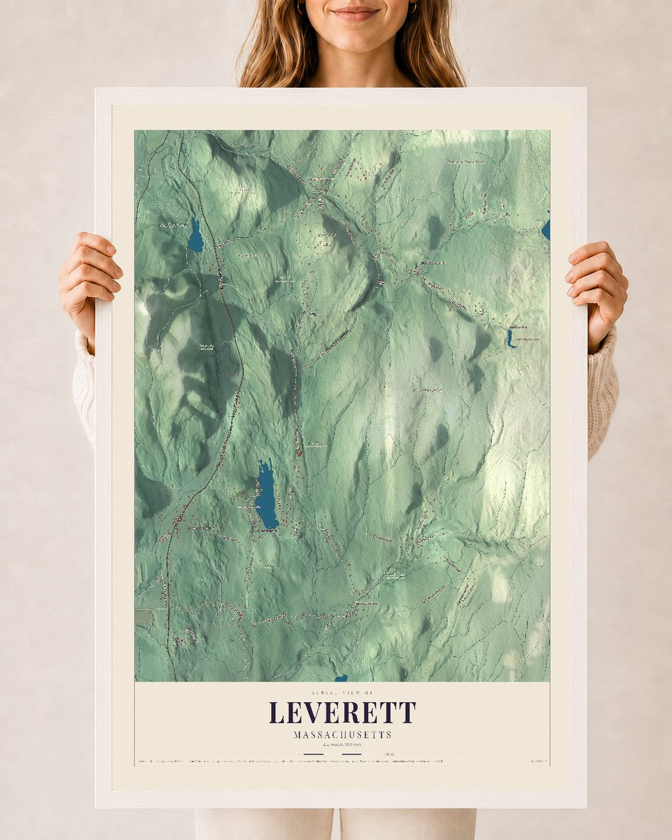 Leverett, Massachusetts map print - 24 x 36 white Ayous wood frame