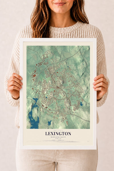 Lexington, Massachusetts map print - 12 x 18 white Ayous wood frame