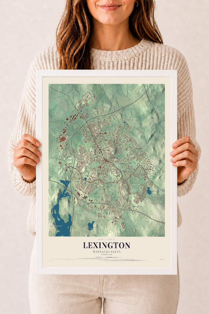 Lexington, Massachusetts map print - 12 x 18 white Ayous wood frame