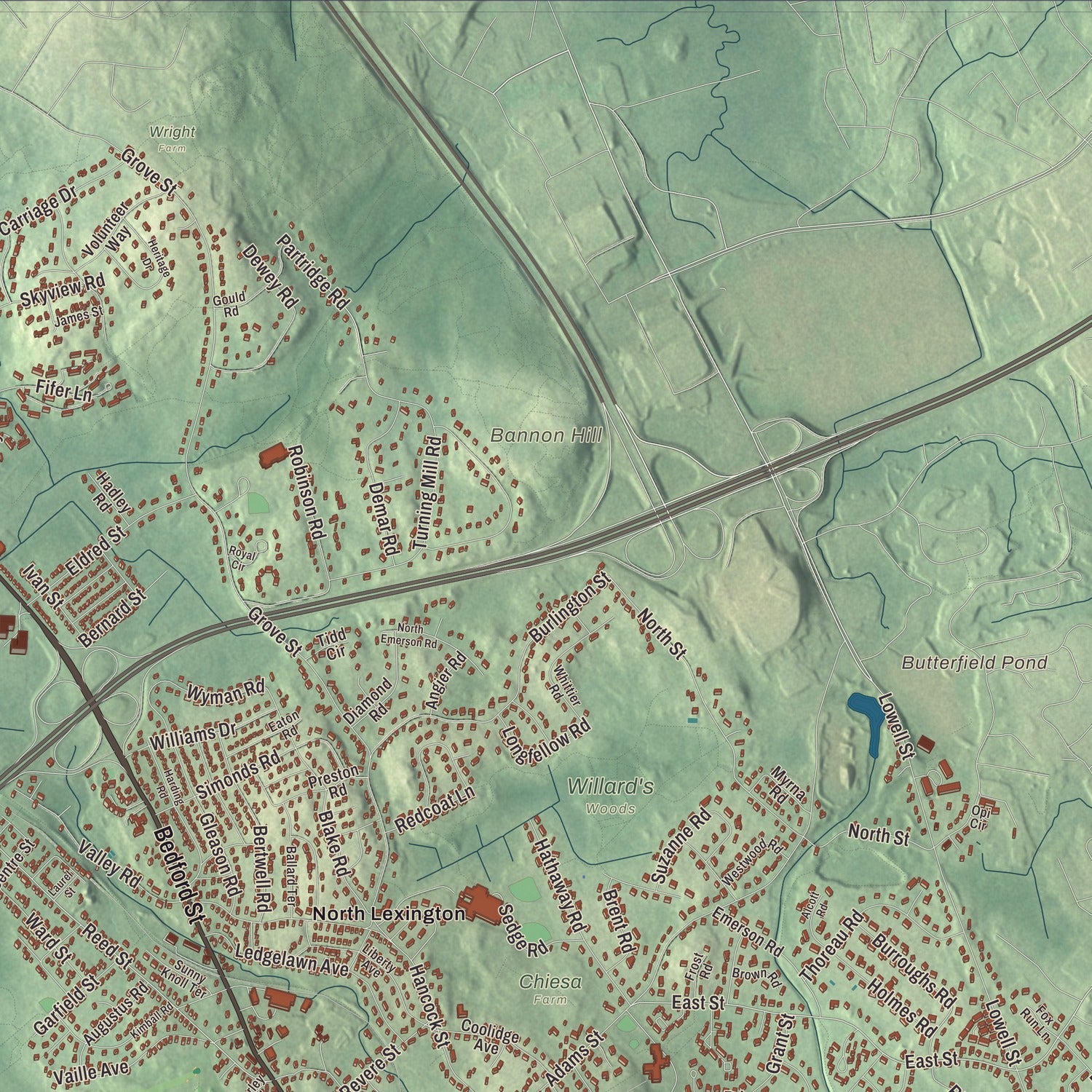 Terrain and local geography detail from the Lexington, Massachusetts map