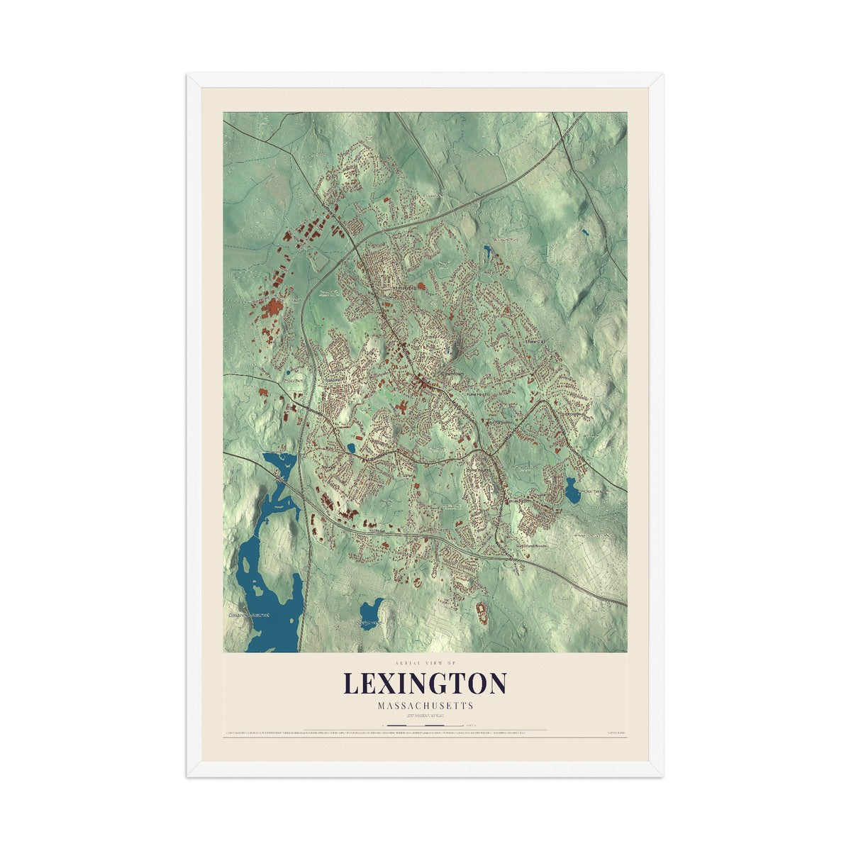 Map of Lexington, Massachusetts, 12 x 18 inch print in a white wood frame