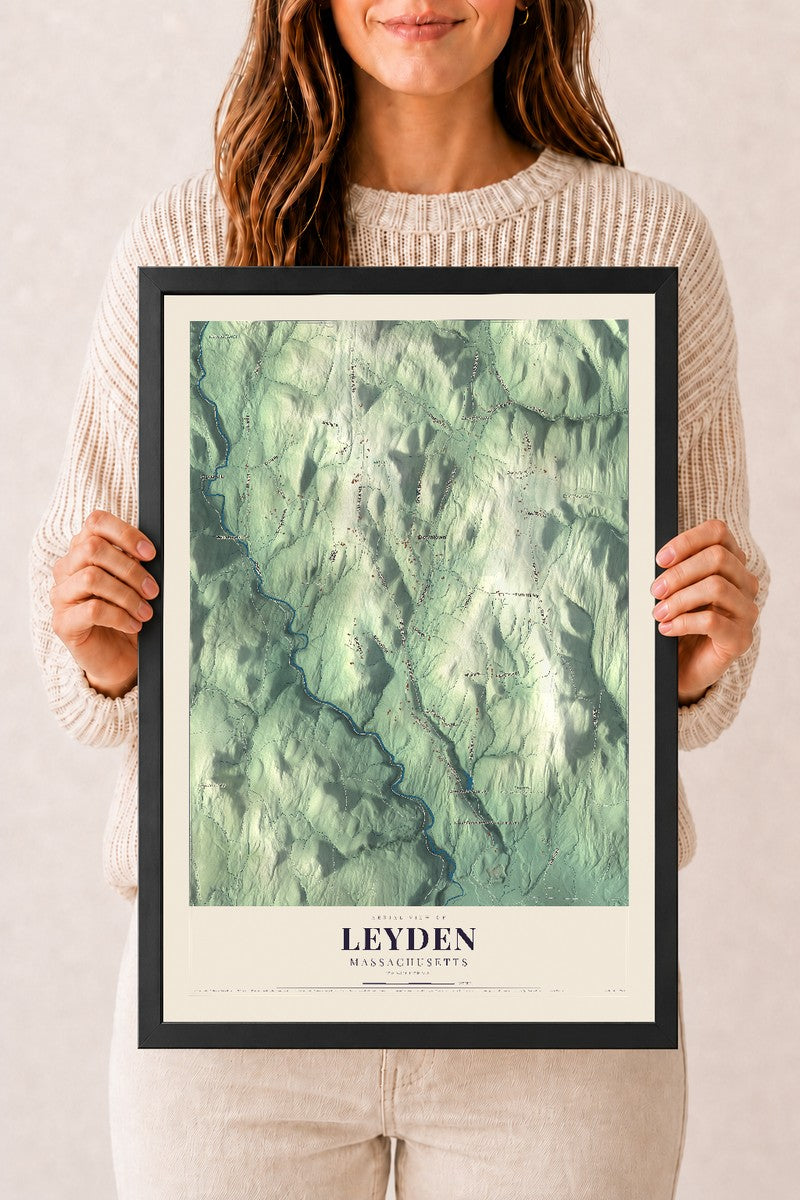 Leyden, Massachusetts map print - 12 x 18 black Ayous wood frame