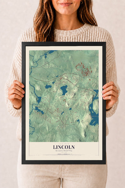 Lincoln, Massachusetts map print - 12 x 18 black Ayous wood frame
