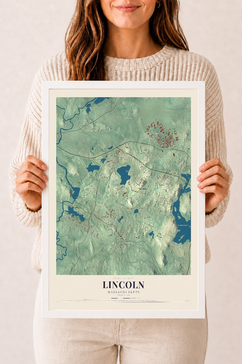 Lincoln, Massachusetts map print - 12 x 18 white Ayous wood frame