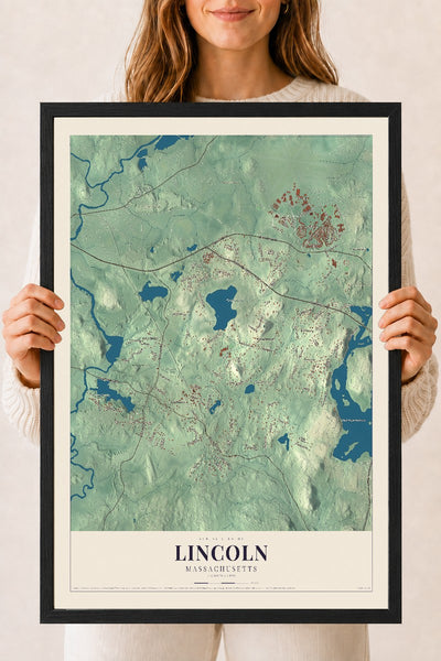 Lincoln, Massachusetts map print - 18 x 24 black Ayous wood frame