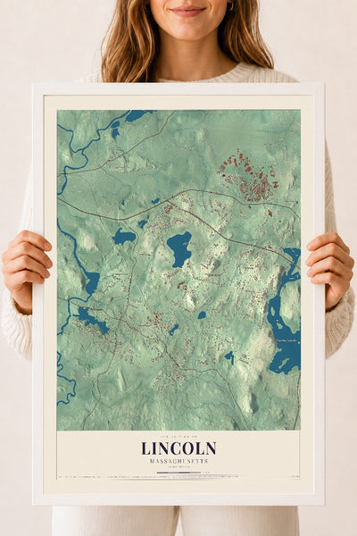 Lincoln, Massachusetts map print - 18 x 24 white Ayous wood frame