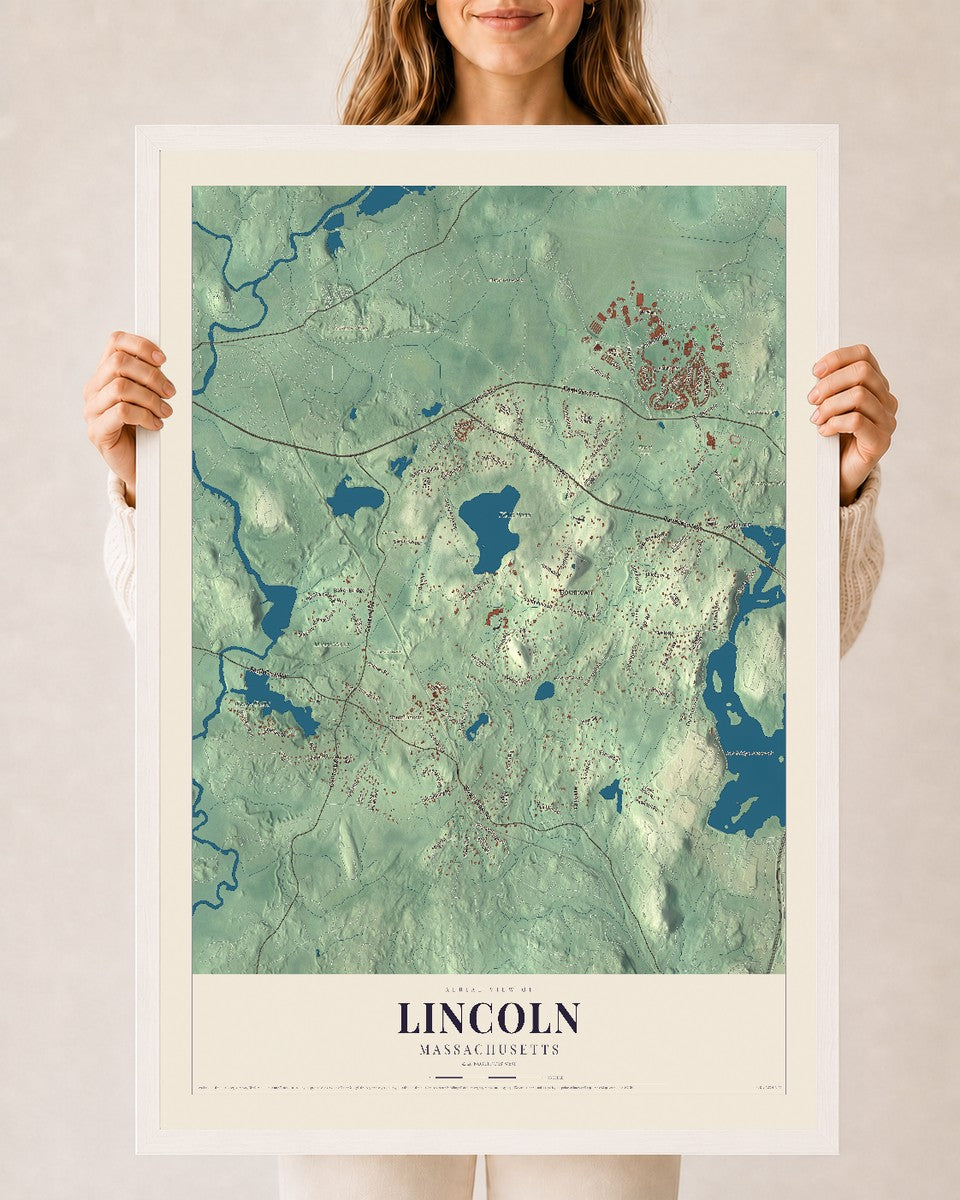 Lincoln, Massachusetts map print - 24 x 36 white Ayous wood frame