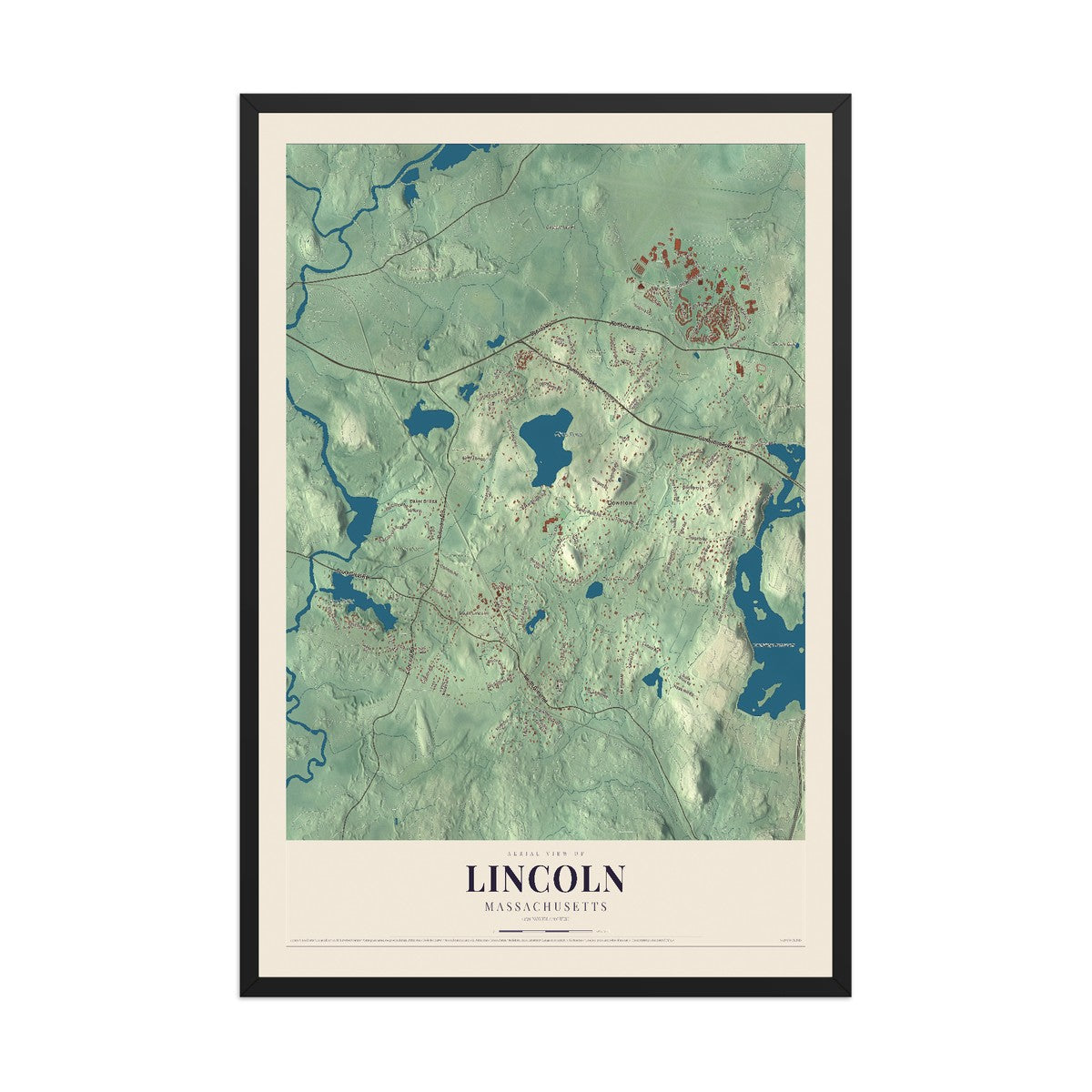 Map of Lincoln, Massachusetts, 12 x 18 inch print in a black wood frame