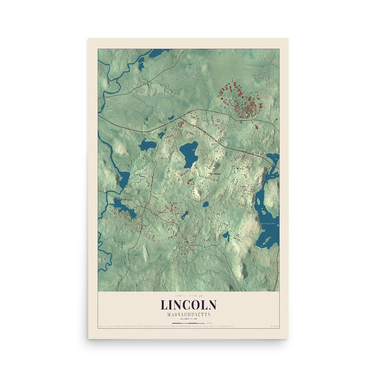 Map of Lincoln, Massachusetts, 12 x 18 inch unframed archival matte print