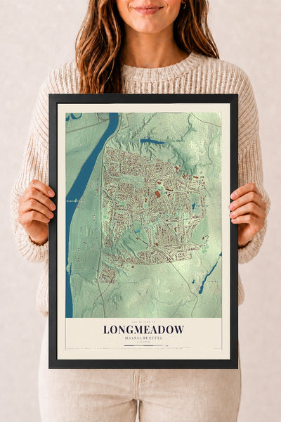 Longmeadow, Massachusetts map print - 12 x 18 black Ayous wood frame